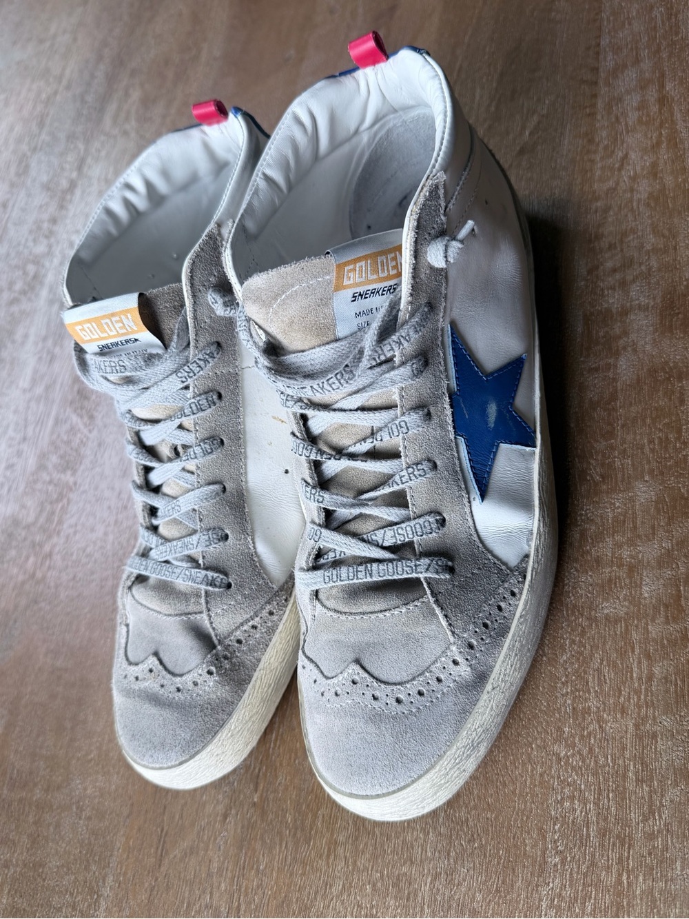 Golden Goose Mid Star Beige Suede High-Top Sneakers with Blue Star/Pink Pull Tab - Picture 2 of 16